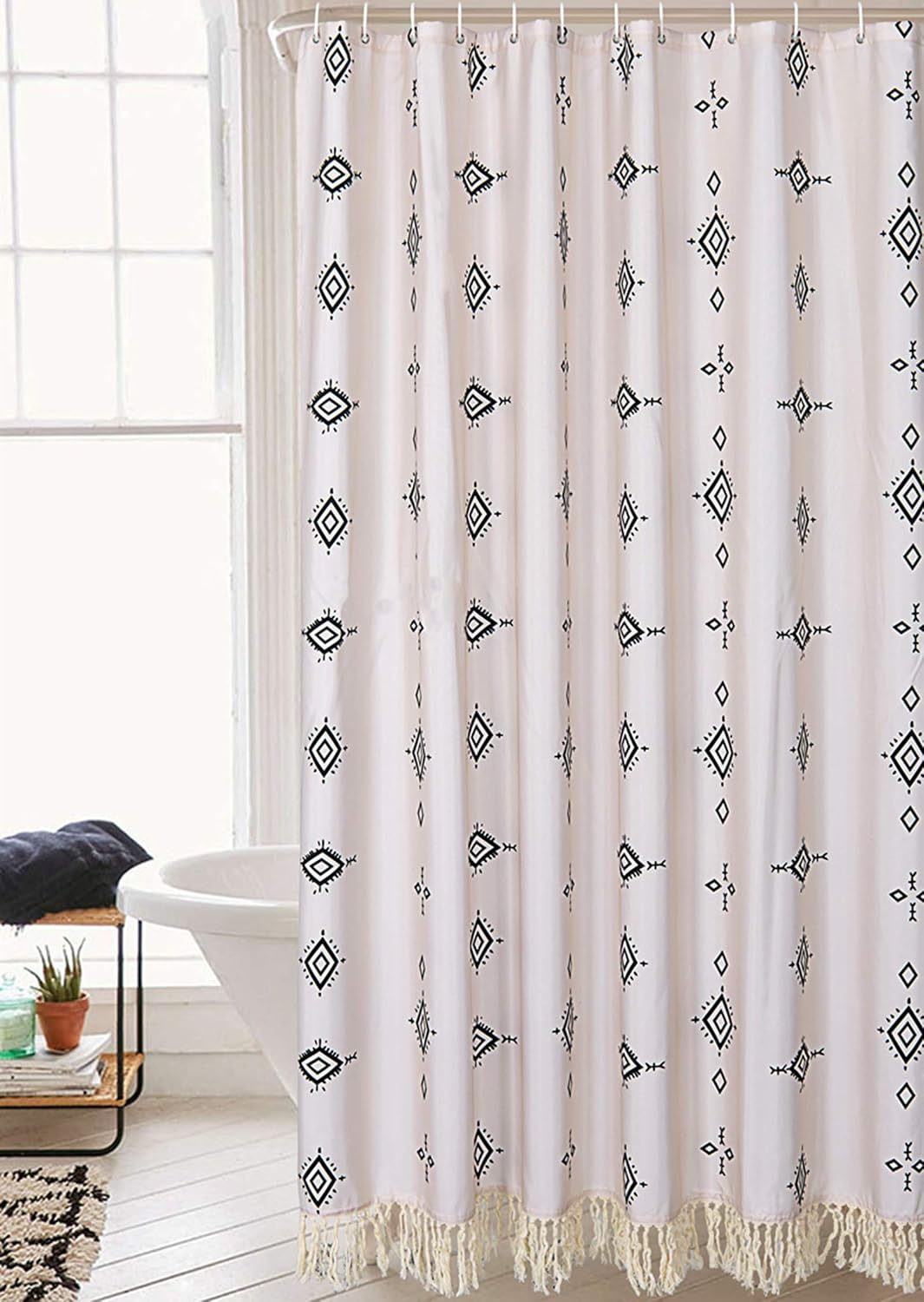 YoKii Boho Tassel Fabric Shower Curtain Extra Long 78-Inch Tribal Chic Hippie Geo Diamond Fringe Bathroom Shower Curtain Set Beige Heavy Weighted Bath Curtains with Hooks (72x78, Beige)