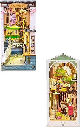 Rolife Kit de rincón de libros DIY sujetalibros decorativos de madera para decoración del hogar (Sakura Densya+Sunshine Town)