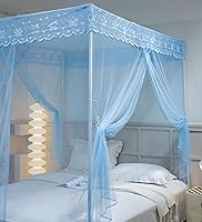 Vista 2 de Dosel de cama, mosquitera de princesa para niñas y adultos, con tres puertas, diseño de encaje rectangular (Azul bebé, King)