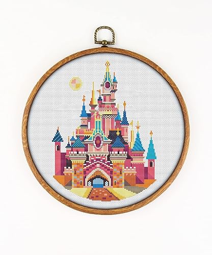 Sleeping Beauty Castle K492 - Kit de punto de cruz con conteo # 3. hilos, agujas, tela, aro de bordado y patrón de color impreso en el interior