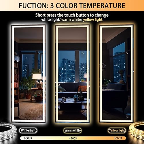 Miniatura 3 de Hasipu Espejo de longitud completa con luces, 67 x 24 pulgadas, espejo LED de pie iluminado templado, espejo de cuerpo completo con atenuación e