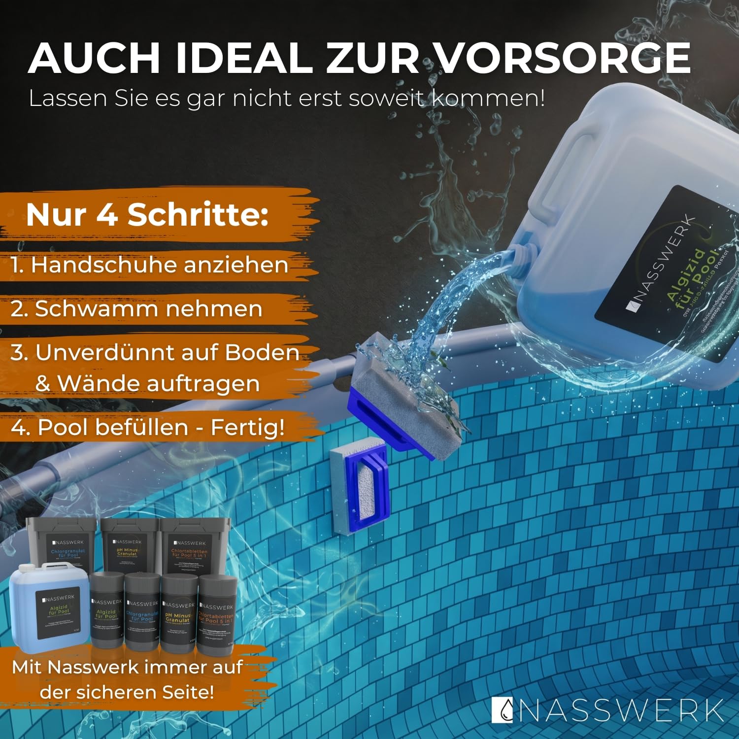 NASSWERK® Algizid für Pool flüssig 5L | Algenvernichter Pool um grünes Poolwasser klar bekommen | Poolklar Anti Algenmittel für Whirlpool | Pool Algenvernichter mit Klareffekt Algezid Algenverhüter
