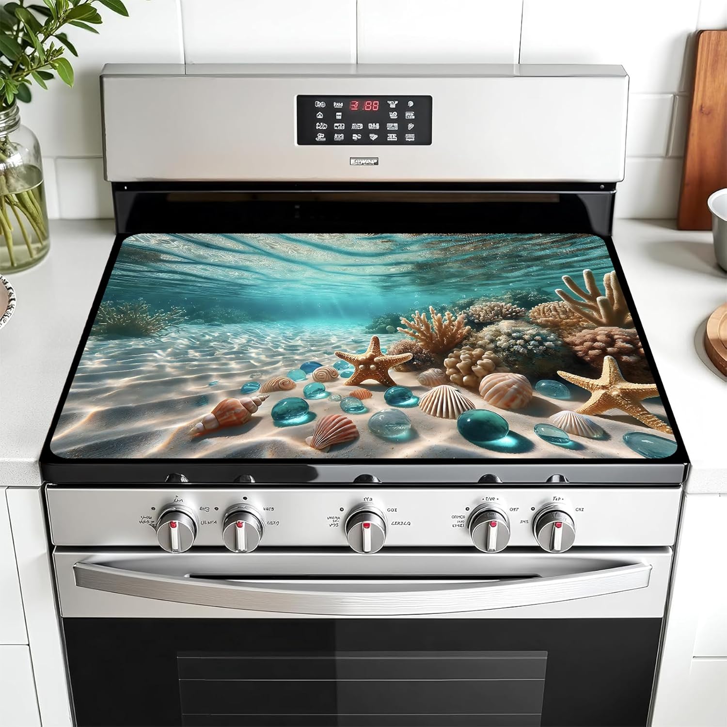 Multi-Design Stove Top Cover for Glass/Electric Stoves - 3-in-1 Heat-Resistant Protector Mat, Non-Slip Drying Rack 28"x20" (Seabed, 28" L x 20" W)