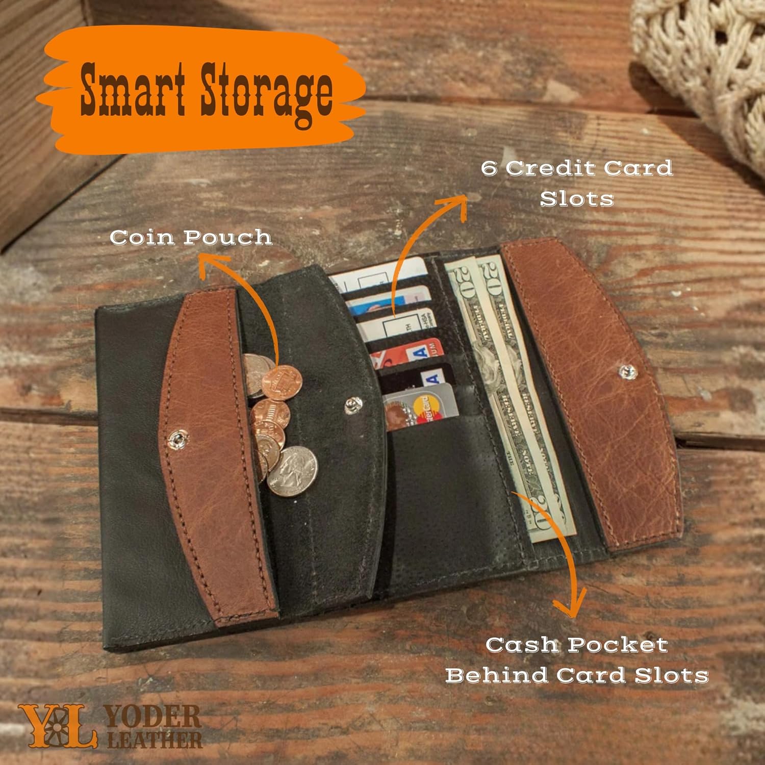 Yoder Leather Company Genuine Cowhide Leather Brown Clutch Wallet for Women, Slim Snap Closure Purse