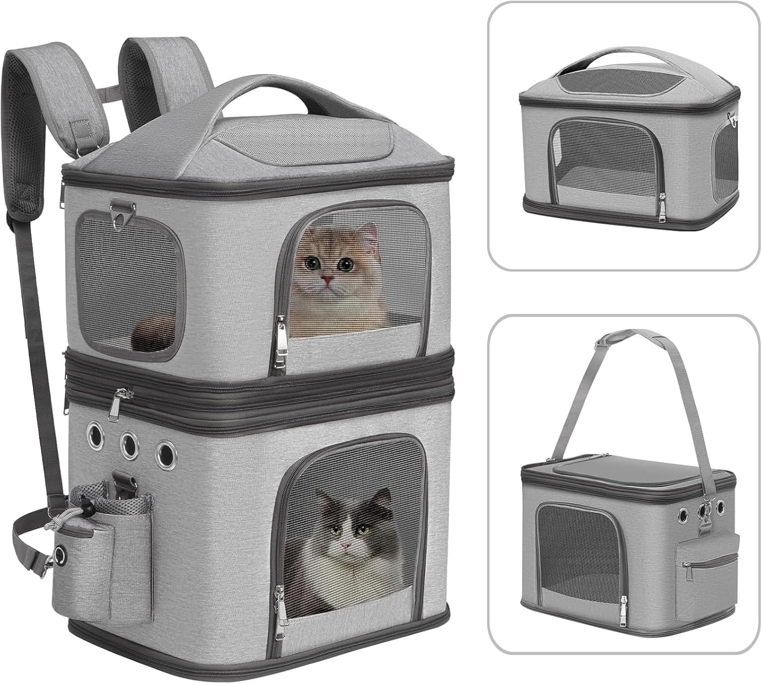 Detachable Double Pet Carrier Backpack for Cats and Small Dogs, Cat Travel Carrier for 2 Cats, Perfect for Traveling/Hiking/Camping, Grey