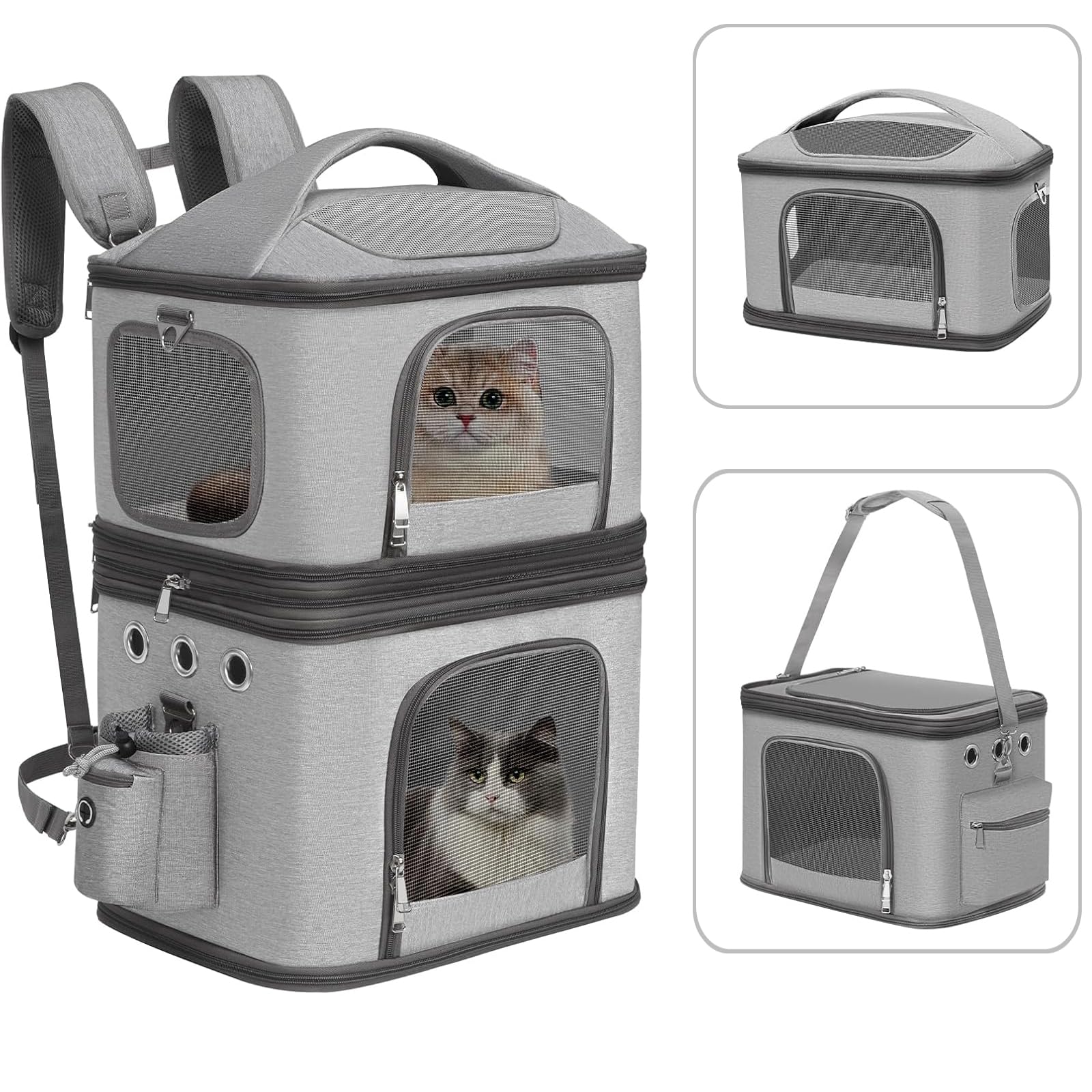 HOVONO Detachable Double Pet Carrier Backpack for Cats and Small Dogs, Cat Travel Carrier for 2 Cats, Perfect for Traveling/Hiking/Camping, Grey