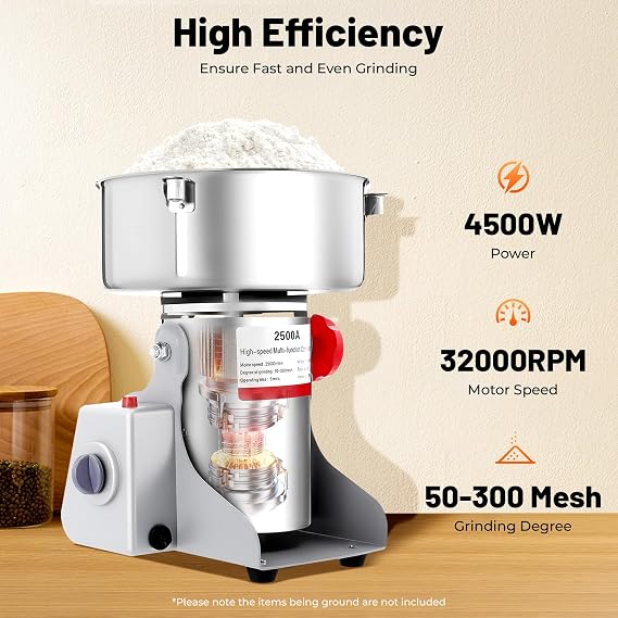 Grain Mill Grinder Electric, 4500w Stainless Steel Commercial Grain Corn Mill Grinder Maize Milling Machine Pulverize Powder Machine For Grains, Spices, Coffee Beans, Seasonings, Rice (2500g)