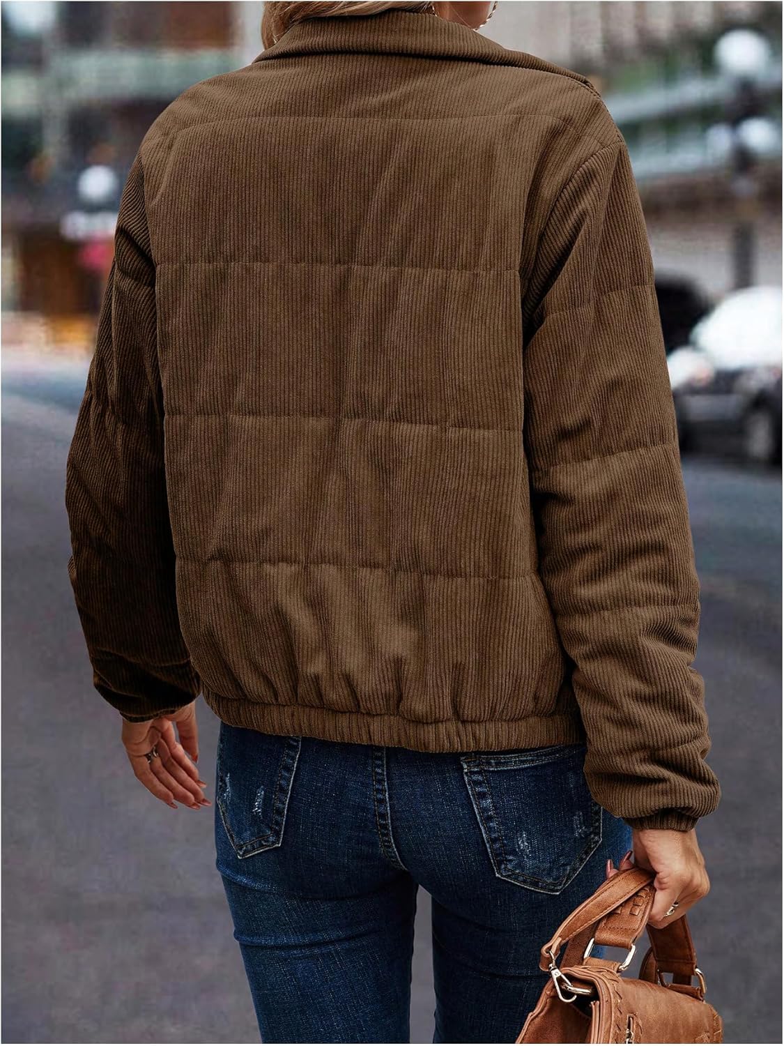 SOLY HUX Women's Corduroy Quilted Puffer Jacket Zip Up Long Sleeve Padded Bomber Barn Jackets Coat with Pockets