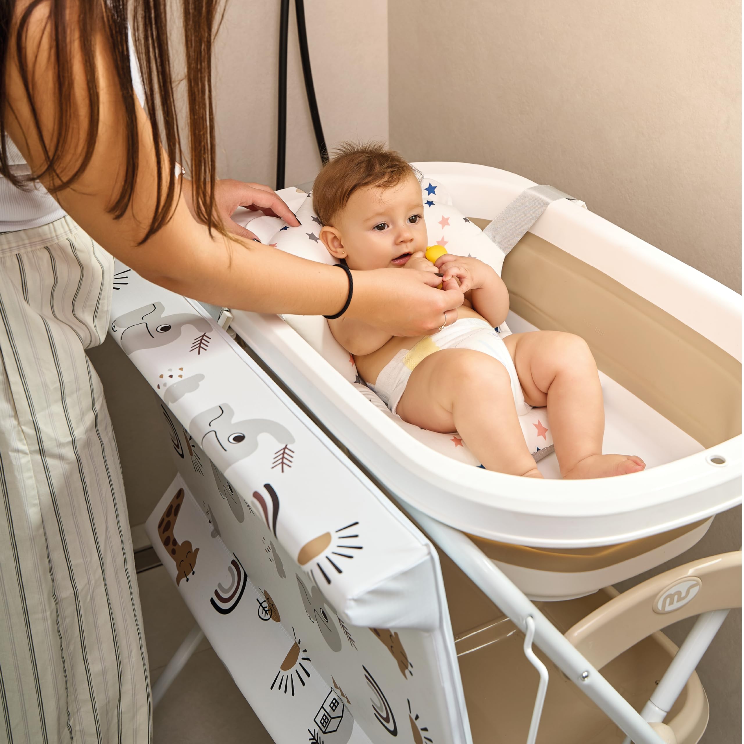 Ms BabyWorld - Vasca da bagno con gambe, fasciatoio e cestino portaoggetti- Comodo, facile da riporre, con tappo e gambe antiscivolo, vasca da bagno pieghevole e portatile