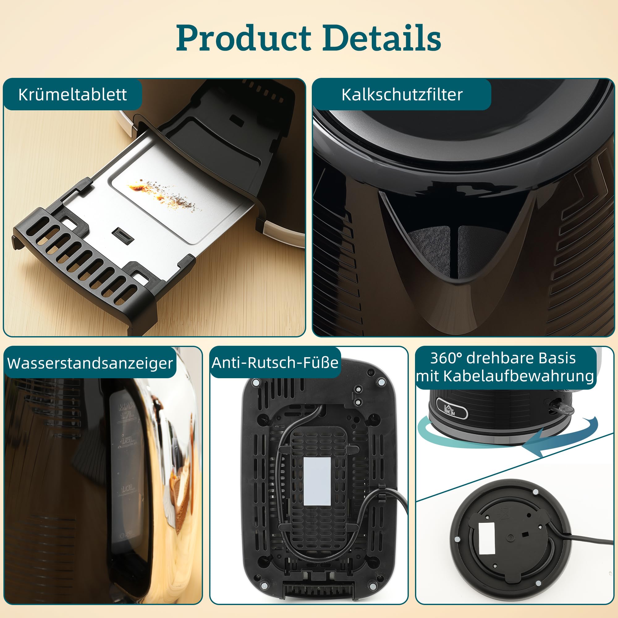 HOMCOM Wasserkocher Toaster Set 1,7L 2200W Edelstahl-Innenraum Otter-Thermostat Kalkfilter Frühstücksset 2 Scheiben Toaster 7 Bräunungsstufen Schwarz