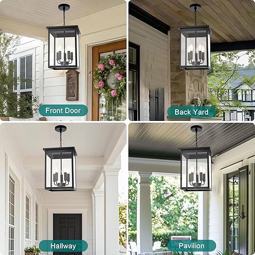 Miniatura 19 de Lámpara colgante de 3 luces para interiores, lámpara negra para exteriores, lámpara colgante de techo con pantalla de vidrio transparente, lámpara