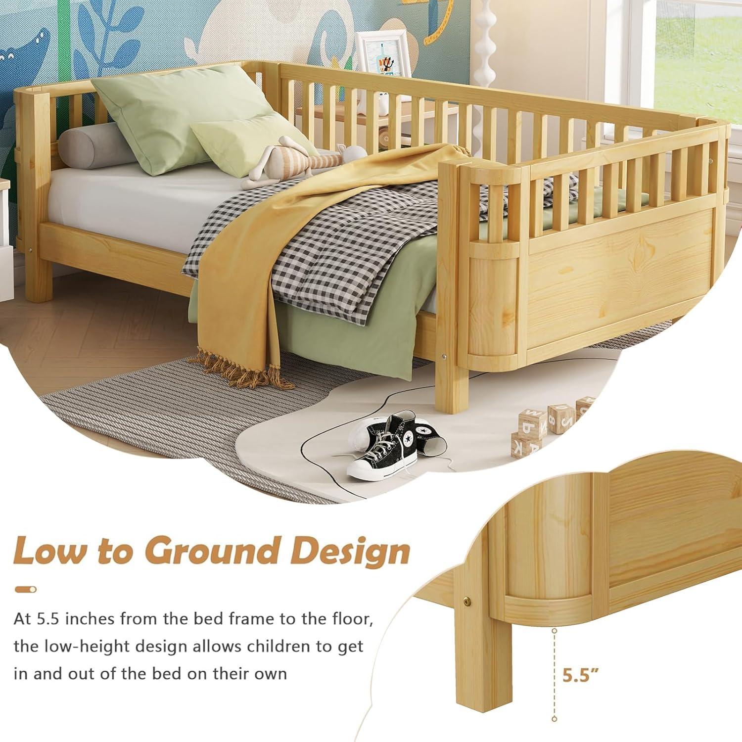 Twin Size Kids Bed Montessori Daybed with Safety Rails and Headboard, Low Profile Wood Platform Twin Bed Frame with Slats for Kids Boys Girls Bedroom, No Spring Box Required, Twin Natural
