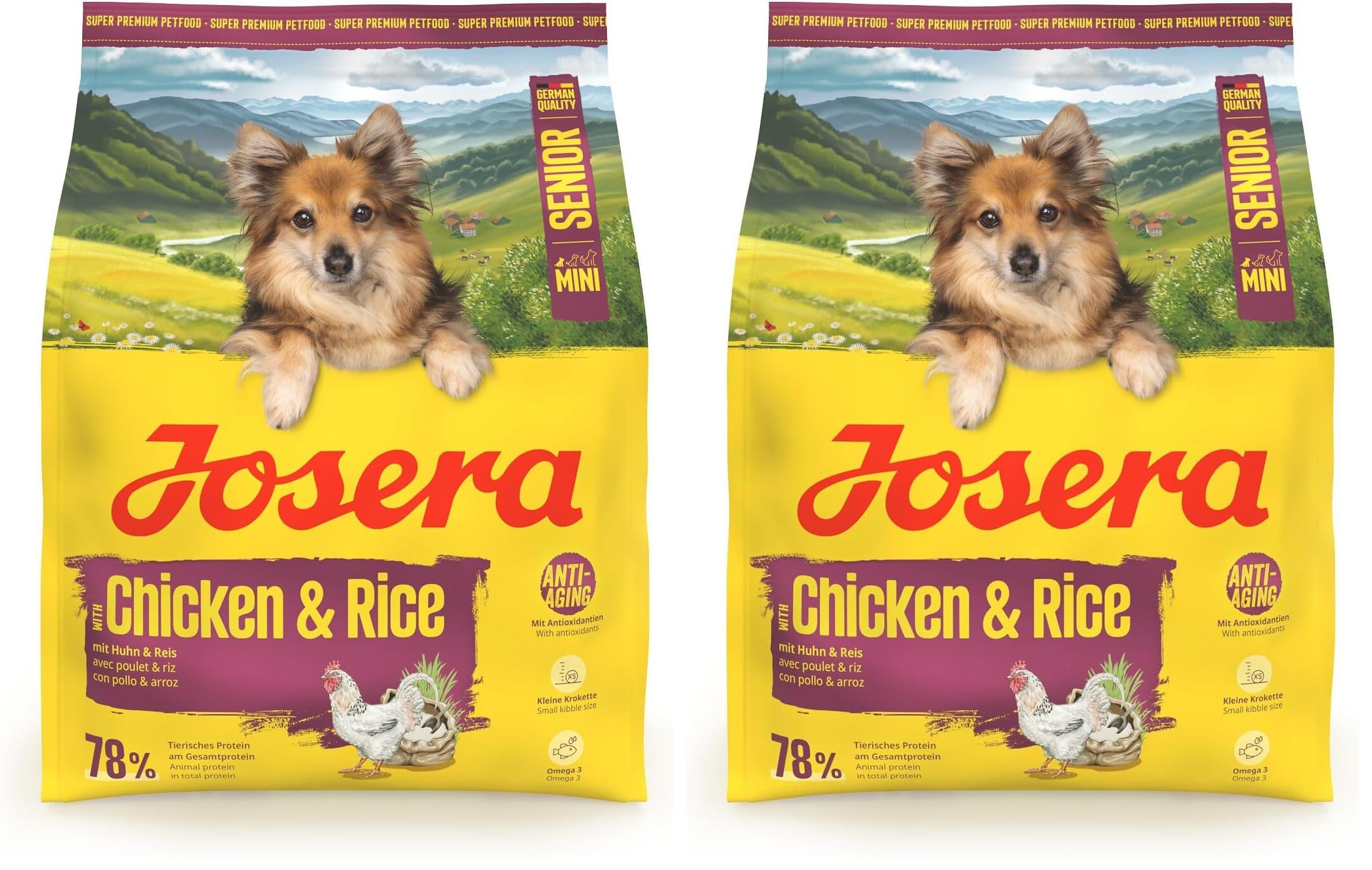 JOSERA Mini Senior Huhn & Reis (1 x 900 g) | Premium Trockenfutter für ausgewachsene ältere Hunde Kleiner Rassen | Anti-Aging & Nierenentlastung | Extrakleine Kroketten | glutenfrei | 2er Pack