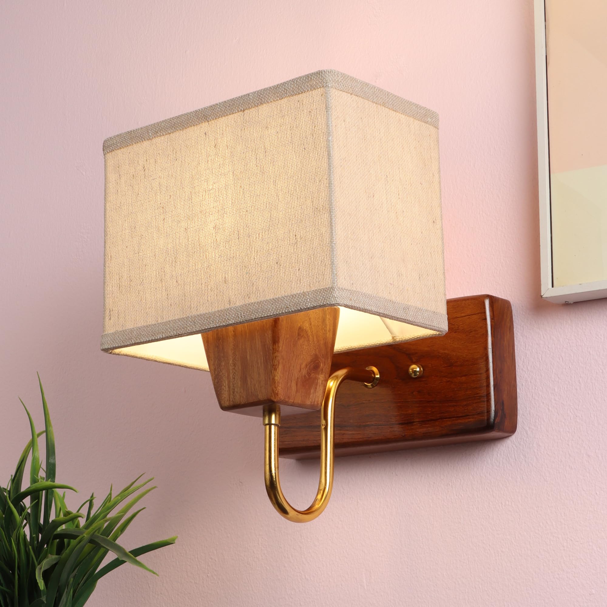 Green House Handmade Sheesham Wood Wall Light Lamp with Rectangular Khadi Fabric Shade | E27 Bulb Holder(6W Bulb Included) | Luxury Wall Lamp for Home Decoration | Living Room, Bedroom, Dining Room-image-6