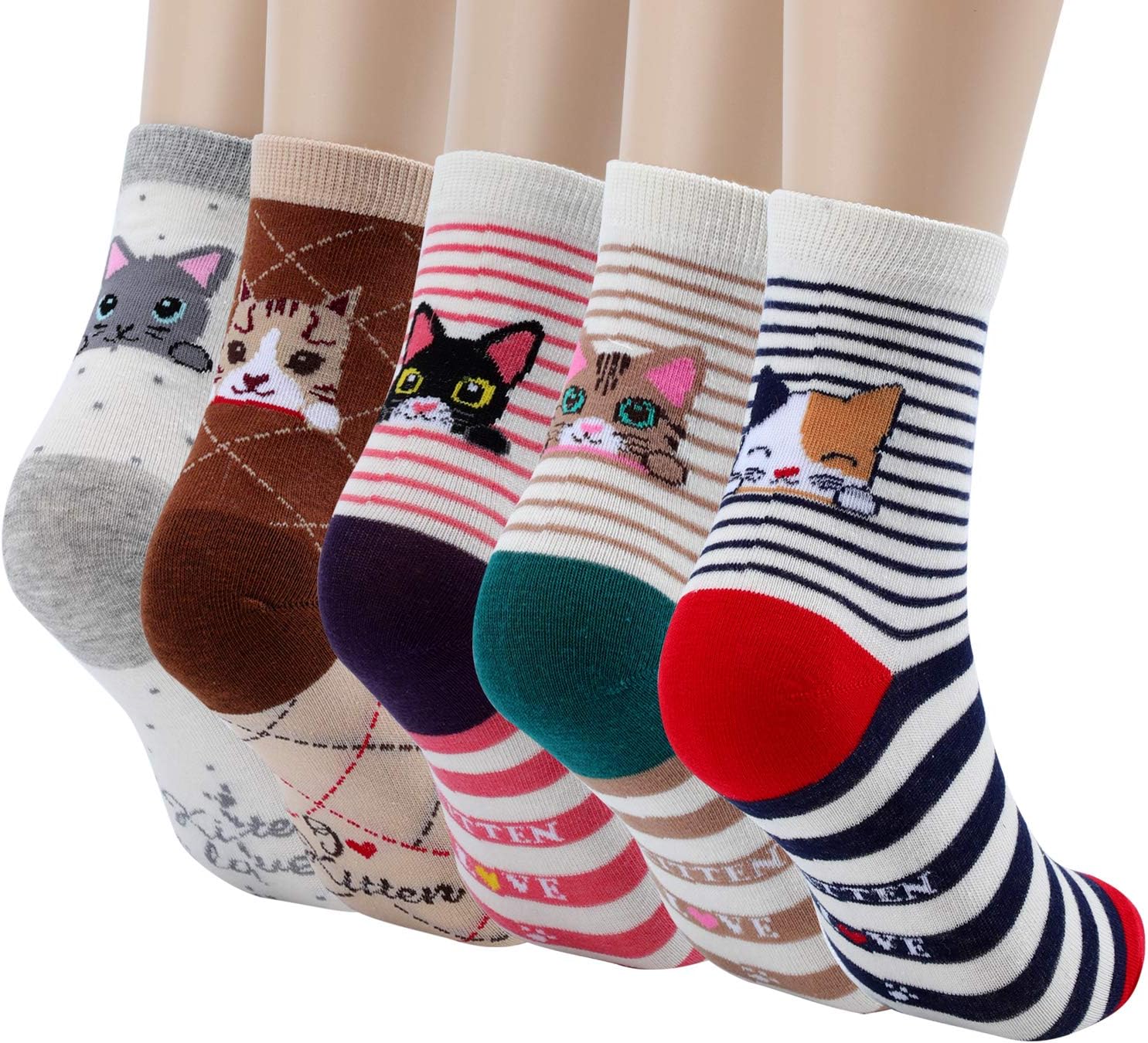 5 Pairs Cotton Socks for Women Size 4-9 Over-ankle Length Animal Themed Cute Patterns
