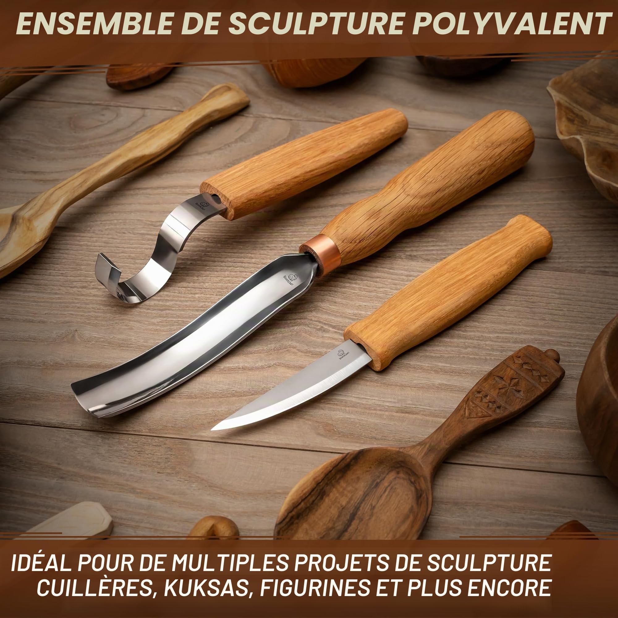 BeaverCraft Kit Couteaux Sculpture Bois S14 – Outils pour Cuillère avec Couteau Crochet, Ciseaux à Bois, Gouge Bol – Kit Sculpture Débutants, Ensemble de Taille du Bois Loisirs