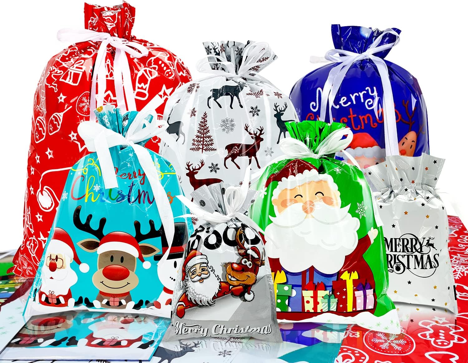 Tarocat – 12 Sacchetti Regalo Di Carta Natale Con 40 Adesivi – 4 Disegni Diversi – Albero Fiocco Babbo Natale