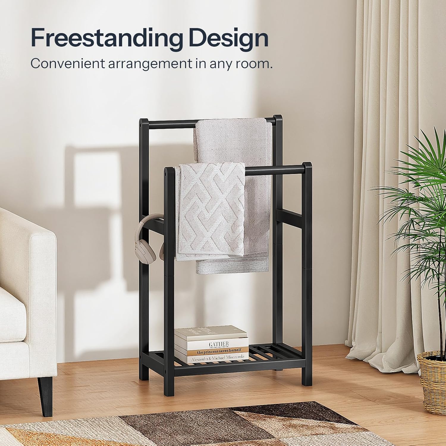 HOOBRO Freestanding Towel Rack for Bathroom, 2 Tier Decorative Bamboo Blanket Rack, Quilt Display Stand with Storage Shelf, 16.5" L x 9.4" W x 30.5" H, Bedroom, Living Room, Black BK02LB01