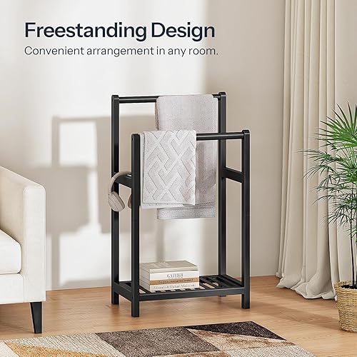 Miniatura 3 de HOOBRO Toallero independiente para baño, estante decorativo de bambú para mantas de 2 niveles, soporte de exhibición de edredón con estante de