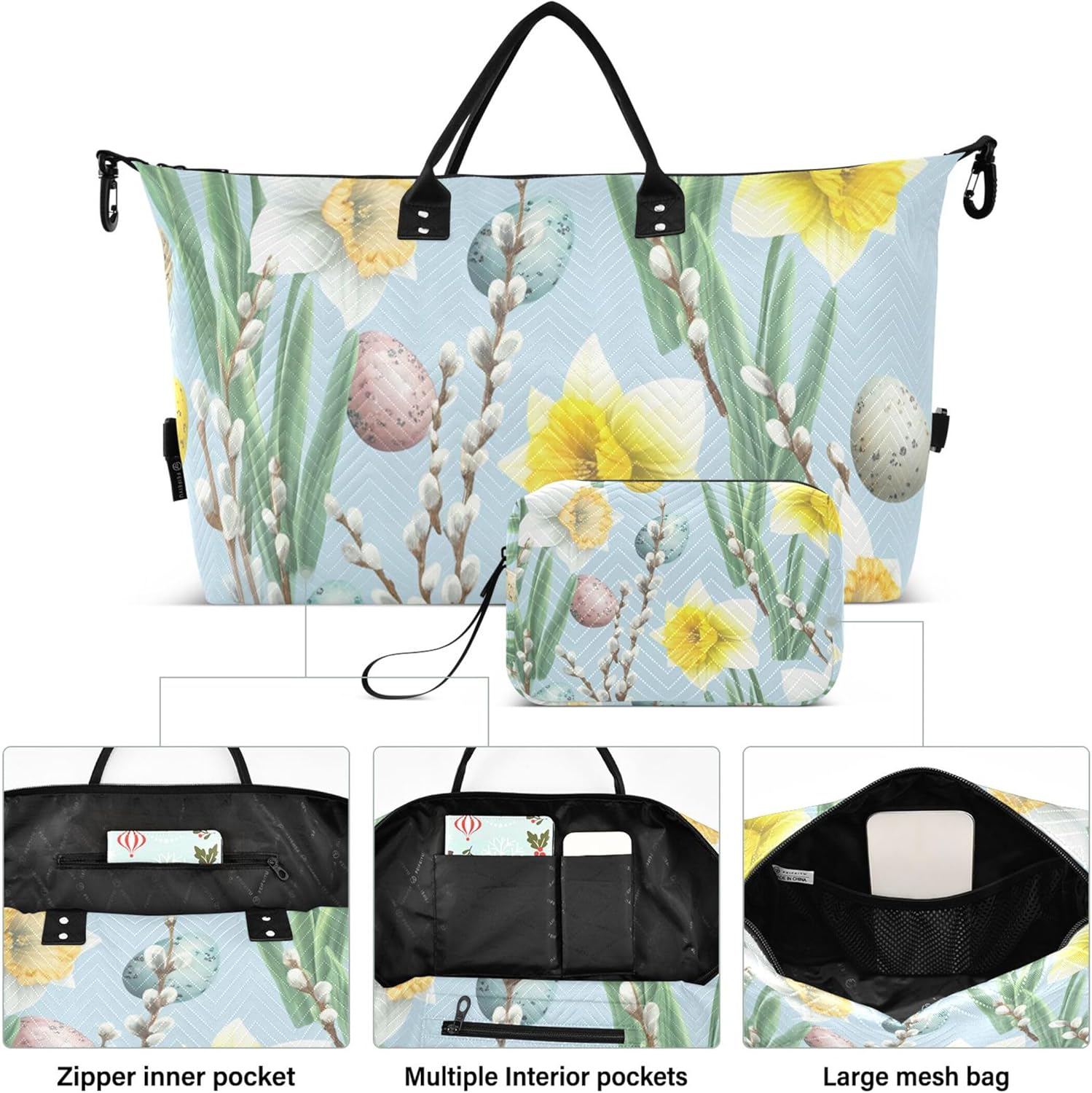 水彩画 花 イースターエッグ ブルー ダッフル トラベルバッグ &amp; コスメポーチ 2個セット フローラル レディース キャリ