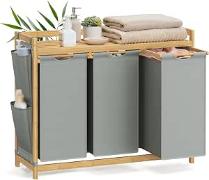 LIFEZEAL Wäscheregal Mit 2 Ablagen & Kippbarem Wäschekorb Aus Bambus – Platzsparend, Natur, 96 Cm Hoch