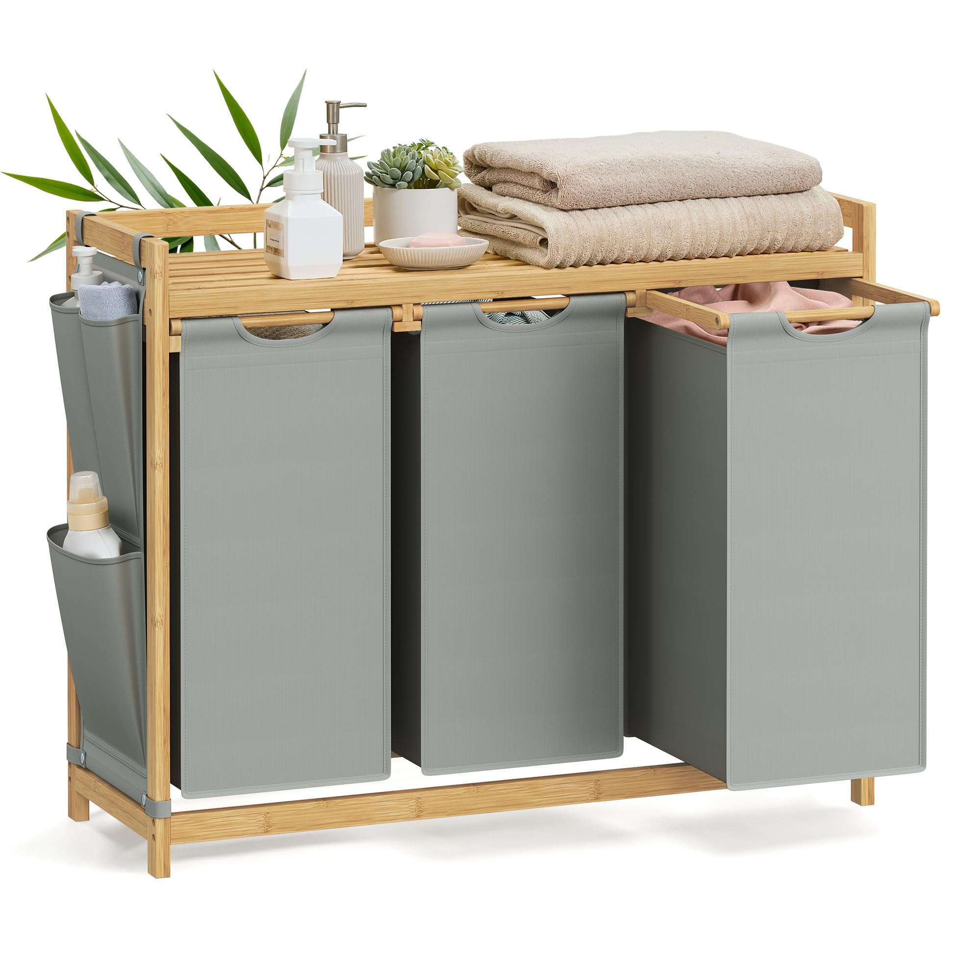 SONGMICS Wäschekorb 3 Fächer, Bambus, Wäschesammler 150 L, Wäschesortierer, mit Ablage, Wäschesack, kleine seitliche Taschen, Wäscheregal, 3 x 50 L, 94 x 33 x 78 cm, taubengrau RLH115G01