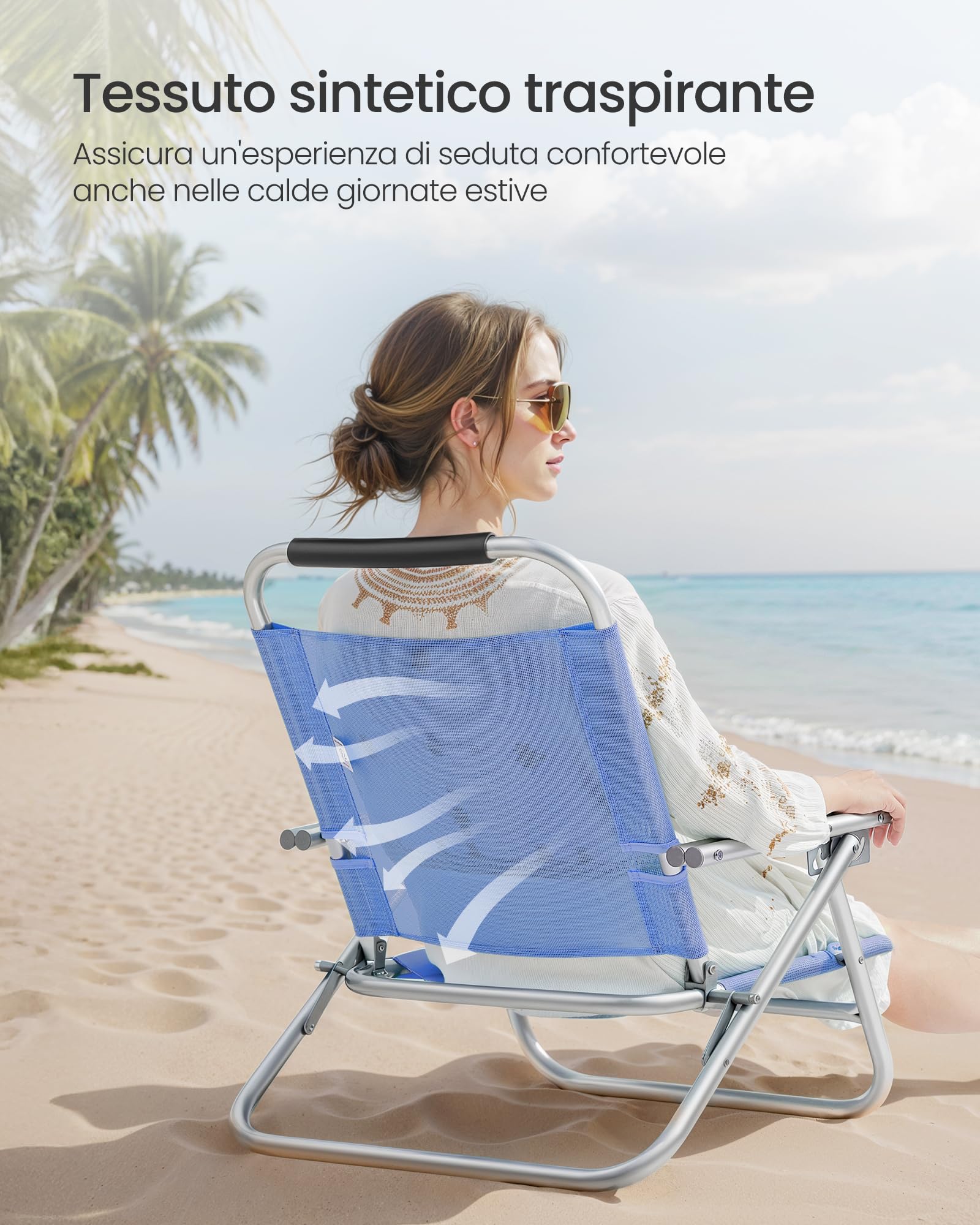 SONGMICS Sedia da Spiaggia, Sedia Pieghevole Portatile, Schienale Regolabile a 4 Angoli, con Braccioli, Traspirante e Confortevole, Poltrona da Campeggio, Blu GCB65BU