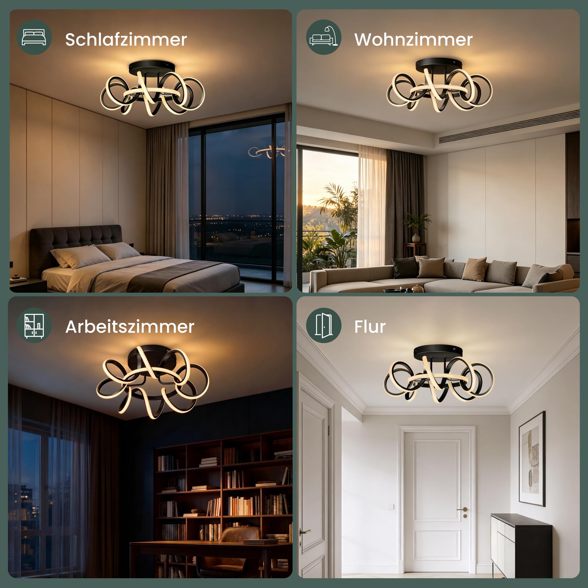 Deckenlampe 58cm, dimmbar, LED Deckenleuchte mit Fernbedienung | 3000-6400K, 112W Schwarz,Moderne,für Schlafzimmer, Wohnzimmer, Kinderzimmer, Nuvora06
