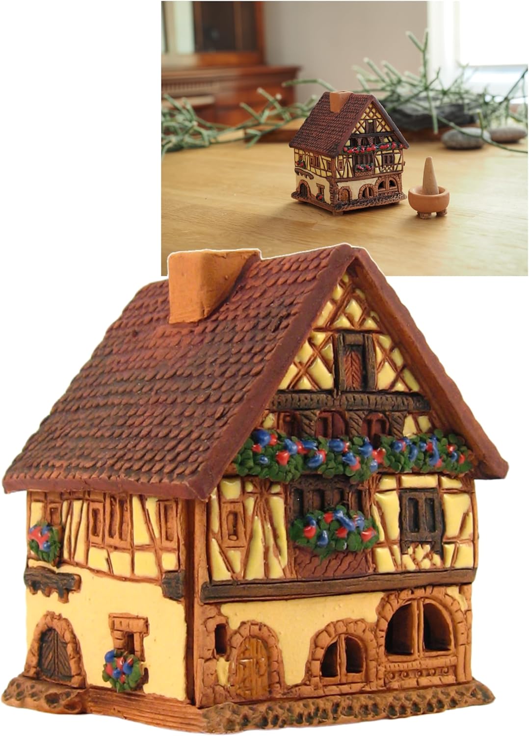 Ceramic Art Cone Incense Holder Room Decoration Handcrafted Collectible Miniature Historical Timbered House in Kaysersberg, Alsace, France R265