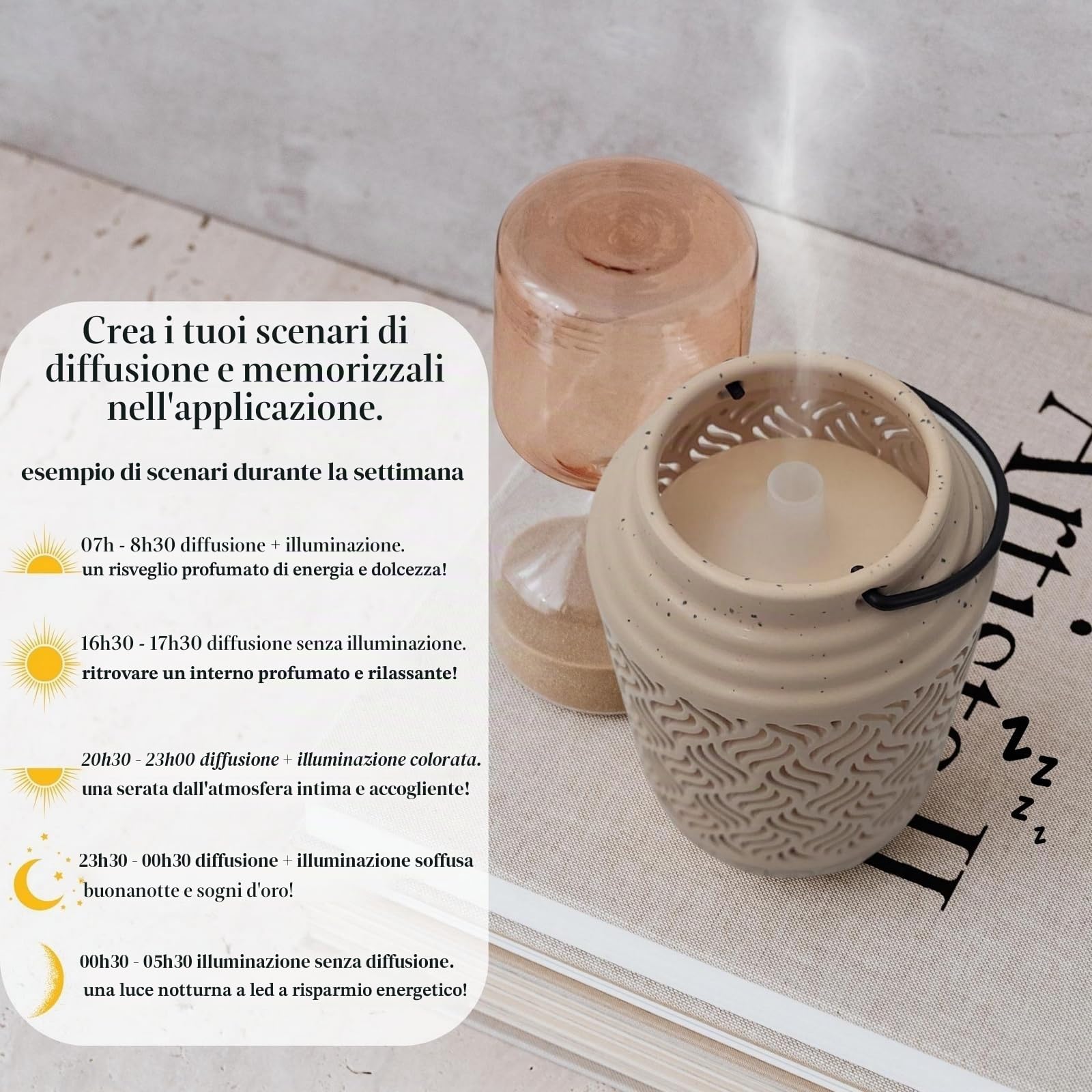 Zen'Aroma Diffusore di Olio Essenziale Wifi Venezia – Diffusore Elettrico Connesso Compatibile Alexa/Google Home – Controllo Totale a Distanza sull'APP Tuya Smart – Materiali Naturali Legno e Ceramica