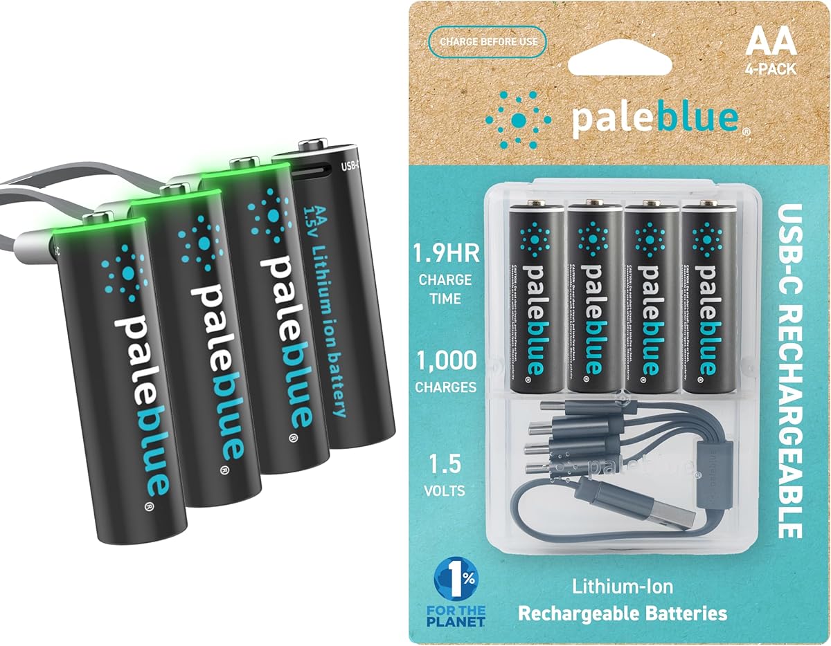 paleblue USB Rechargeable AA Batteries (4-Pack) - 2550mWh Lithium Ion, 1.5V, 1000+ Charge Cycles, Includes 4-in-1 USB-A to USB-C Charging Cable, LED Charge Indicator, Quick 1.9 Hour Charging