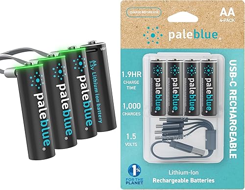 Pilas AA recargables USB de Pale Blue, iones de litio de 1.5 V 1700 mAh, carga 1.5 horas, más de 1000 ciclos, cable de carga USB-A a USB-C 4 en 1,