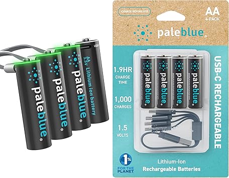 paleblue USB Rechargeable AA Batteries (4-Pack) – 2550mWh Lithium Ion, 1.5V, 1000+ Charge Cycles, Includes 4-in-1 USB-A to USB-C Charging Cable, LED Charge Indicator, Quick 1.9 Hour Charging