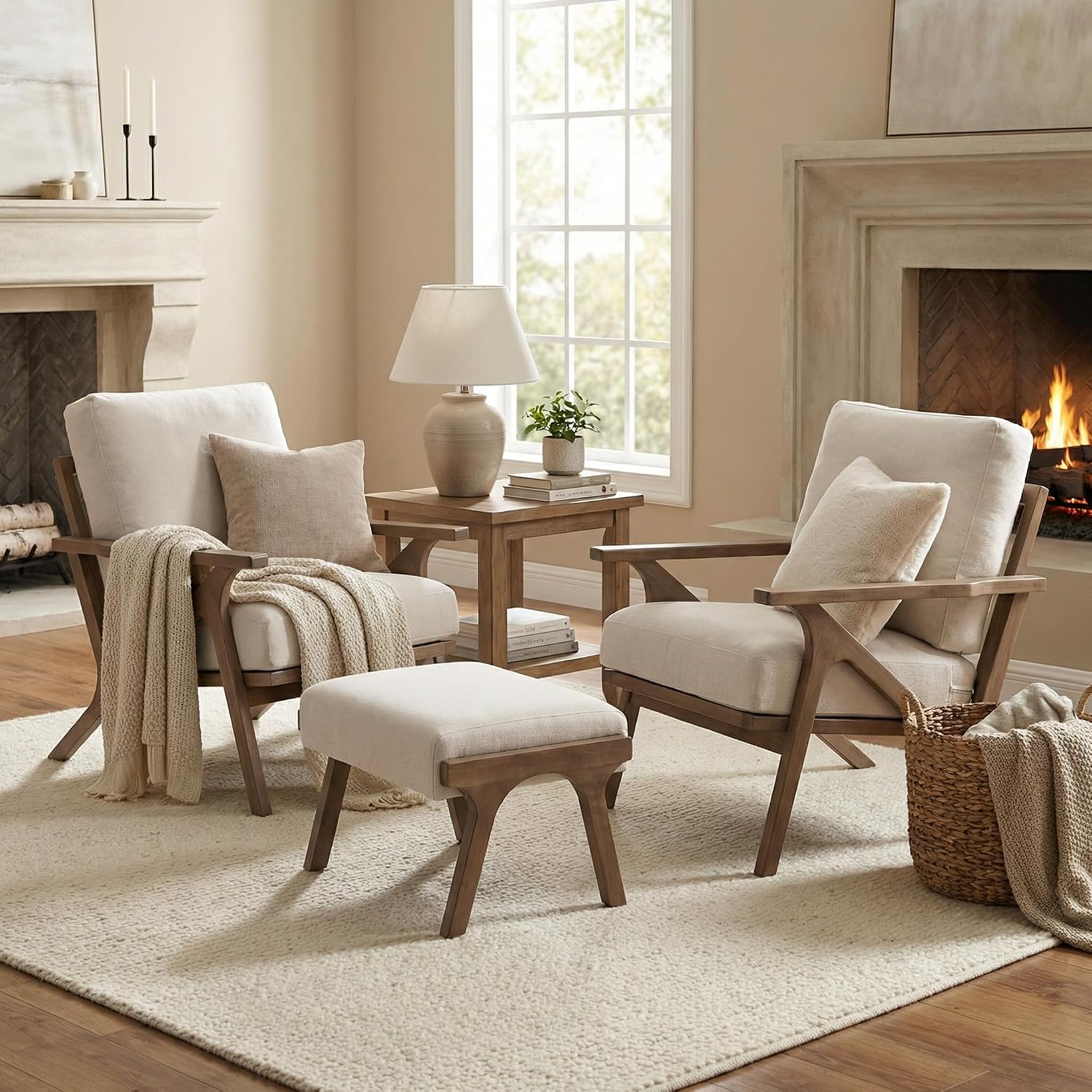 HNY Mid Century Modern Accent Chair with Ottoman, Farmhouse Linen Upholstered Living Room Armchair and Ottoman Set, 23" Seat Wide Retro Leisure Lounge Chair with Wood Frame for Home, Bedroom, Beige