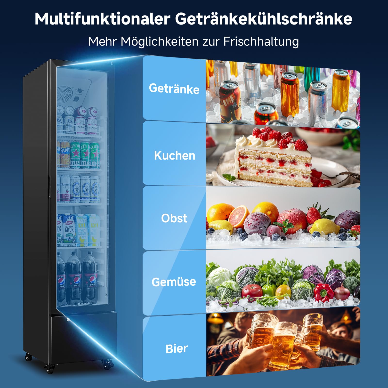 AAOBOSI 230L Getränkekühlschrank mit Glastür| 4 Höhenverstellbare Ablagen| Flaschenkühlschrank mit LED-Beleuchtung| Umluftkühlung| Automatische Abtauun| Abschließbar| für Gastro, Bar, Keller
