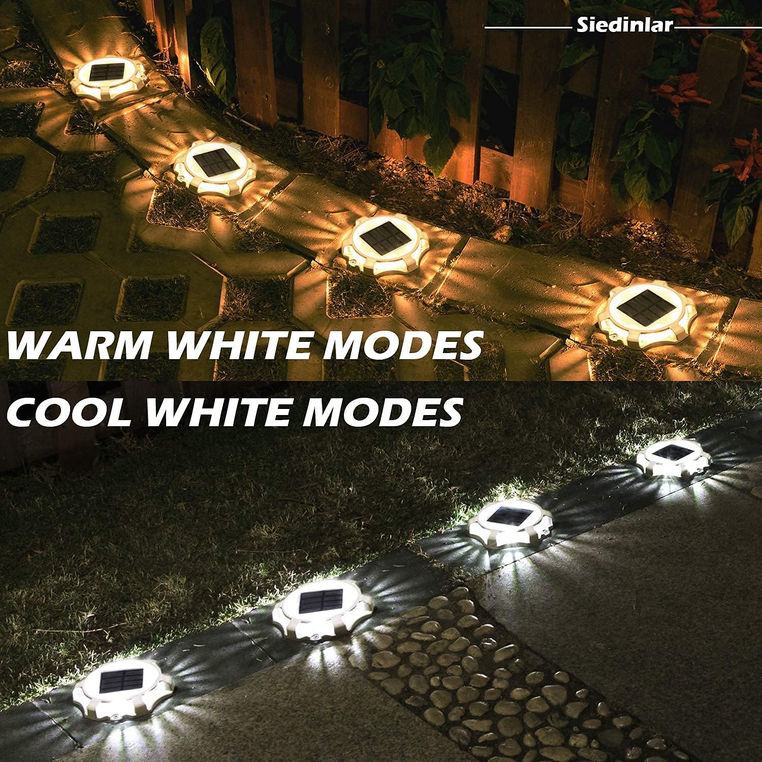 Siedinlar Solar Deck Lights Outdoor 2 Color Modes Cool White/Warm White (4 Pack) and Solar Deck Lights 2 Color Modes Blue/Red (4 Pack) - - 