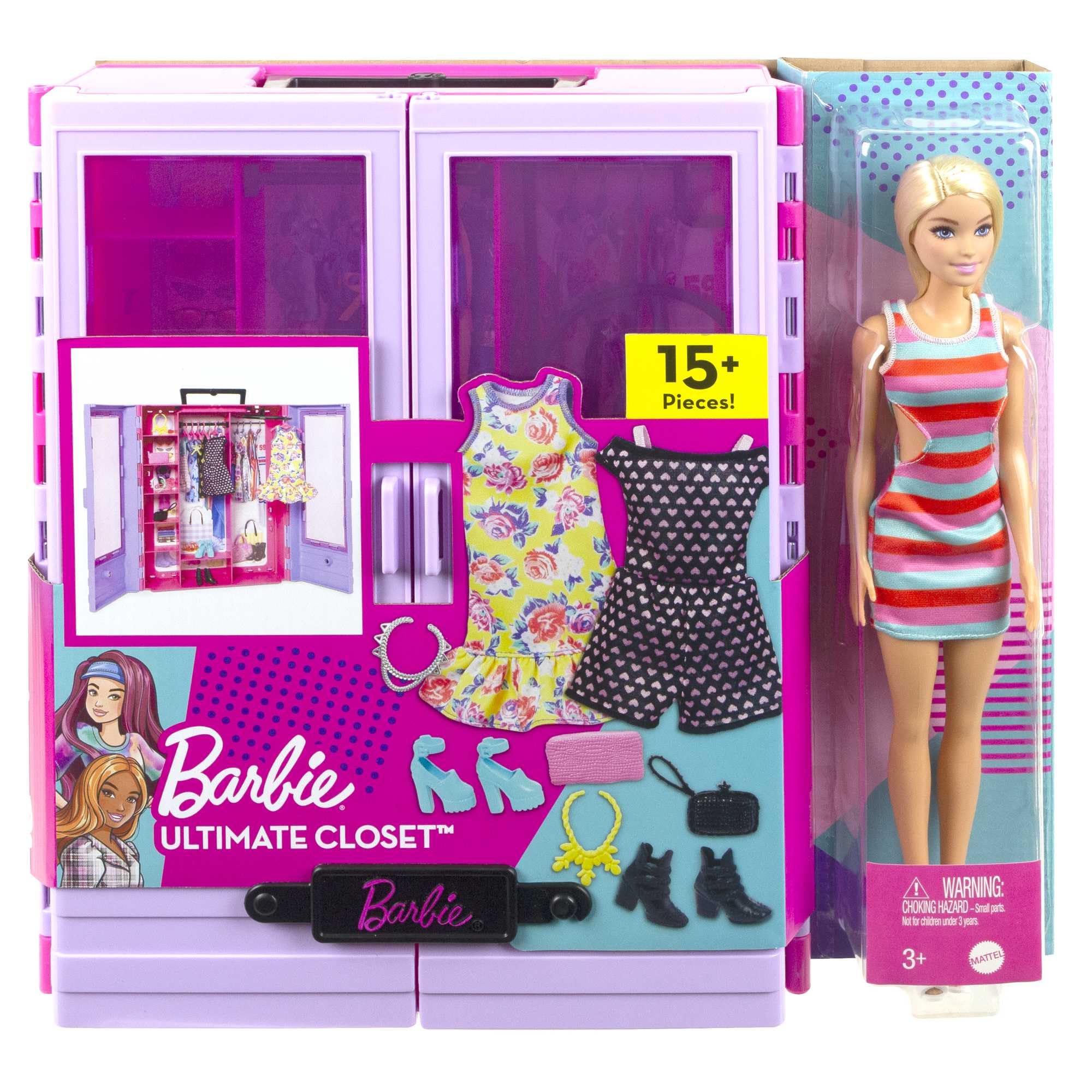 Barbie Fashionistas ultimativer Kleiderschrank, tragbares Modespielzeug mit Puppe, Kleidung, Accessoires und Kleiderbügeln, Geschenk für Kinder ab 3 Jahren, HJL66