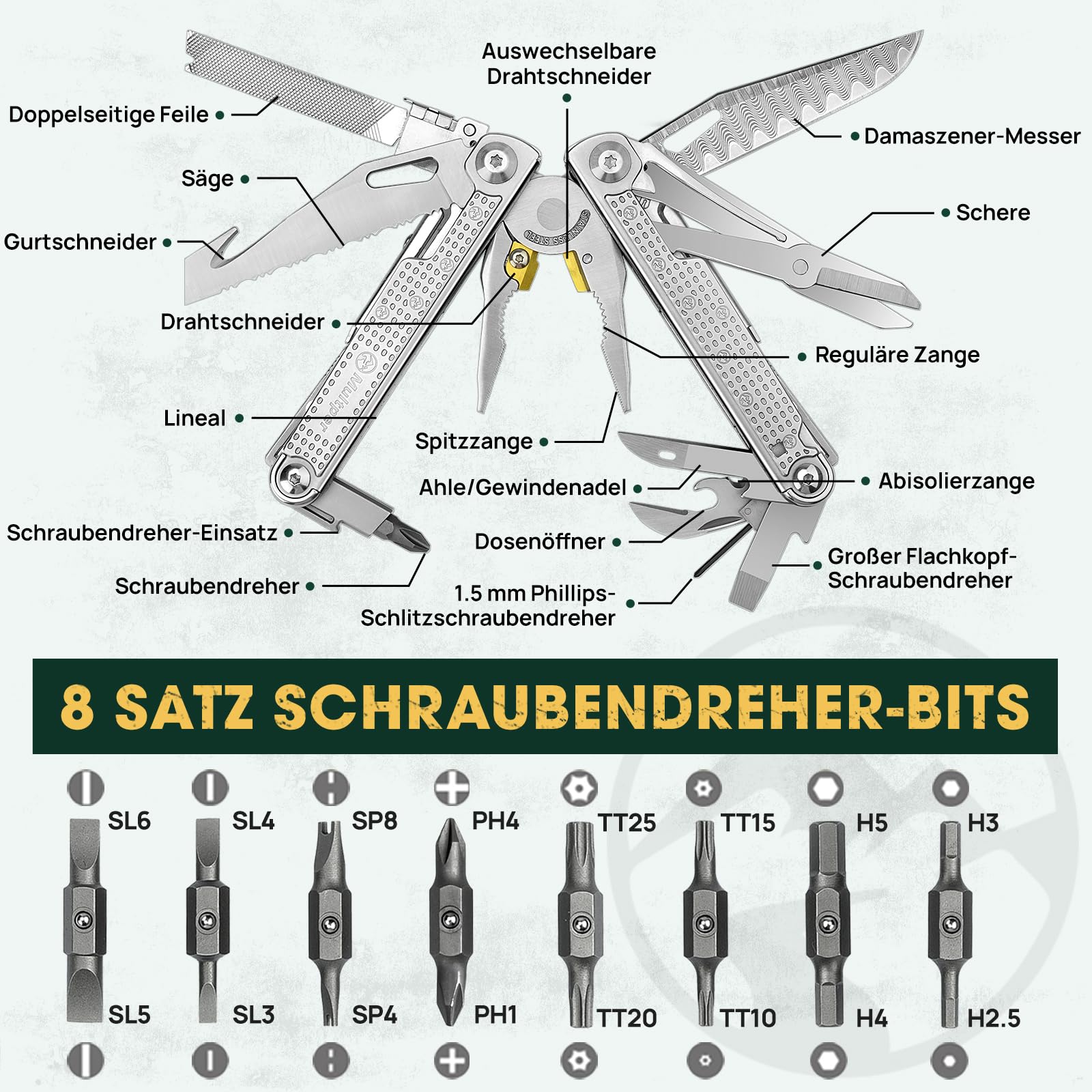 Multper Multitool Werkzeug, Geschenke für Männer, Aufgerüstetes Multi Tool Edelstahl Faltbares mit Damastmesser, Drahtschneider und Schraubendreherset, Multifunktionszange für Outdoor und Camping