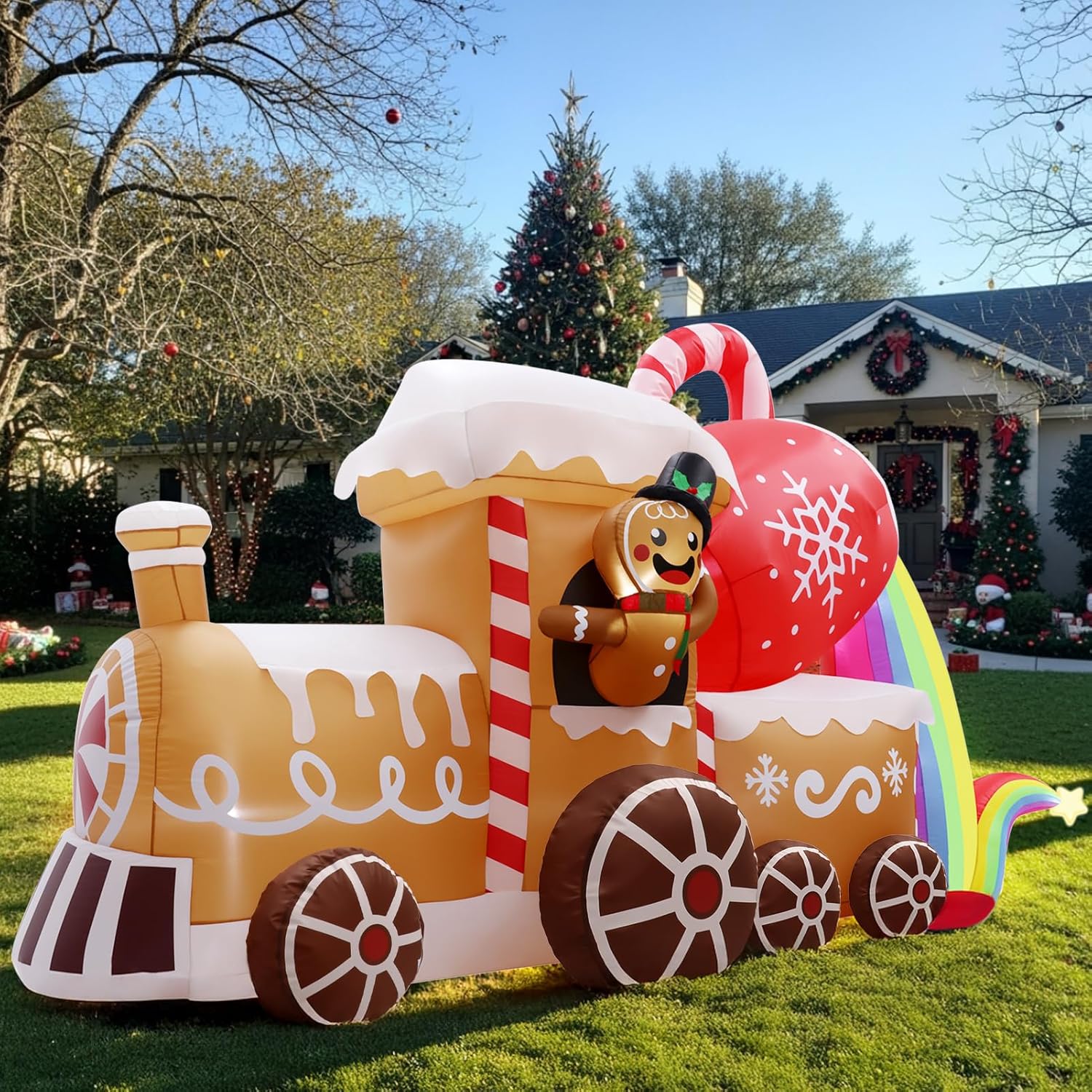 10 Ft Long Christmas Inflatables Train Decorations, Gingerbread Train Blow Up Outdoor Inflatable Decor with Built-in LED Light, Xmas Train with Hot Cocoa Mug Candy Gingerbread Man for Garden Lawn Yard