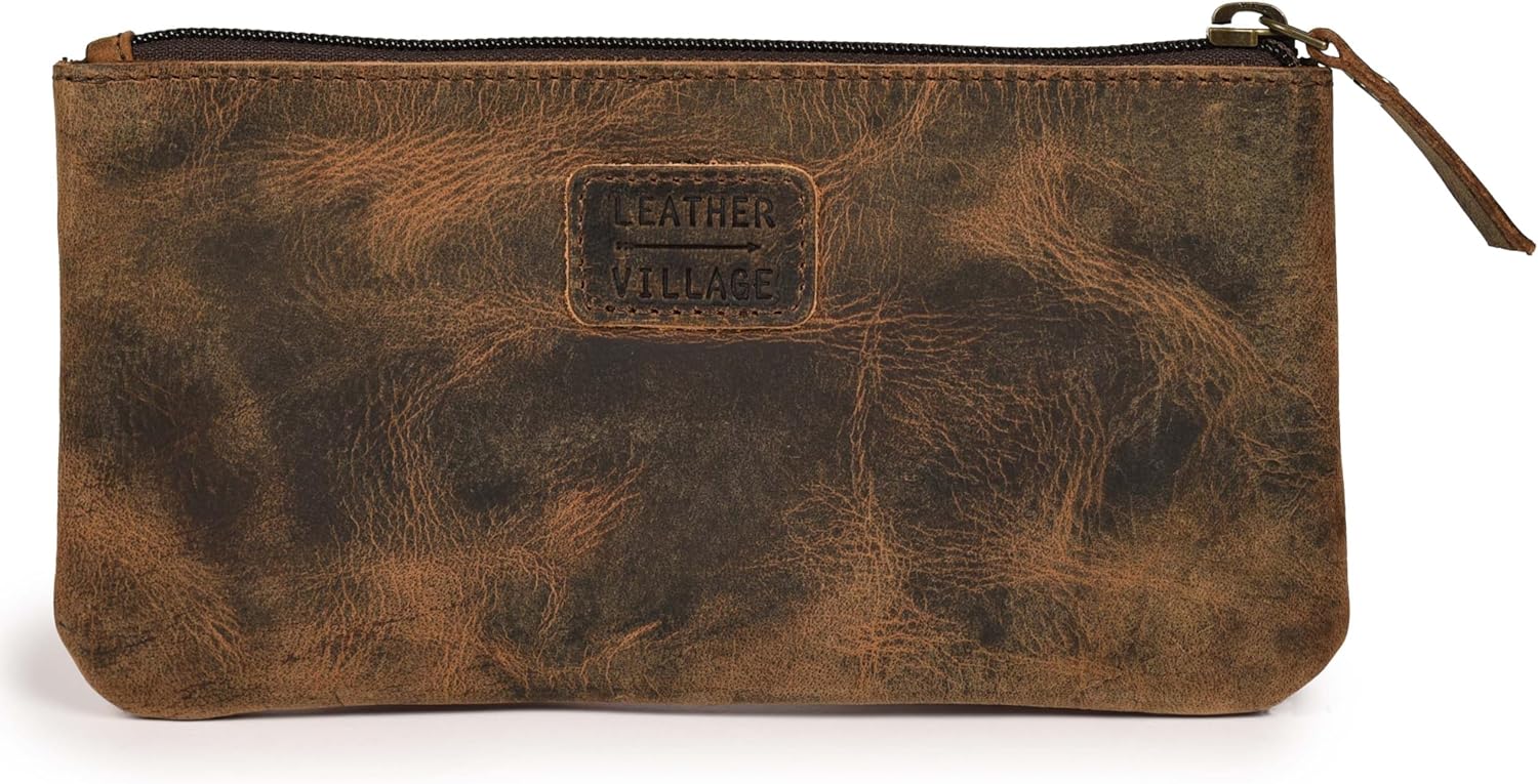 LEATHER VILLAGE Leather Pencil Pouch Pen Case - Rustic/Vintage Brown - 8"X4"- Double Pocket - Elegant and Practical Zipper Pouch Holder for Artists, Men, and Women - Image 2