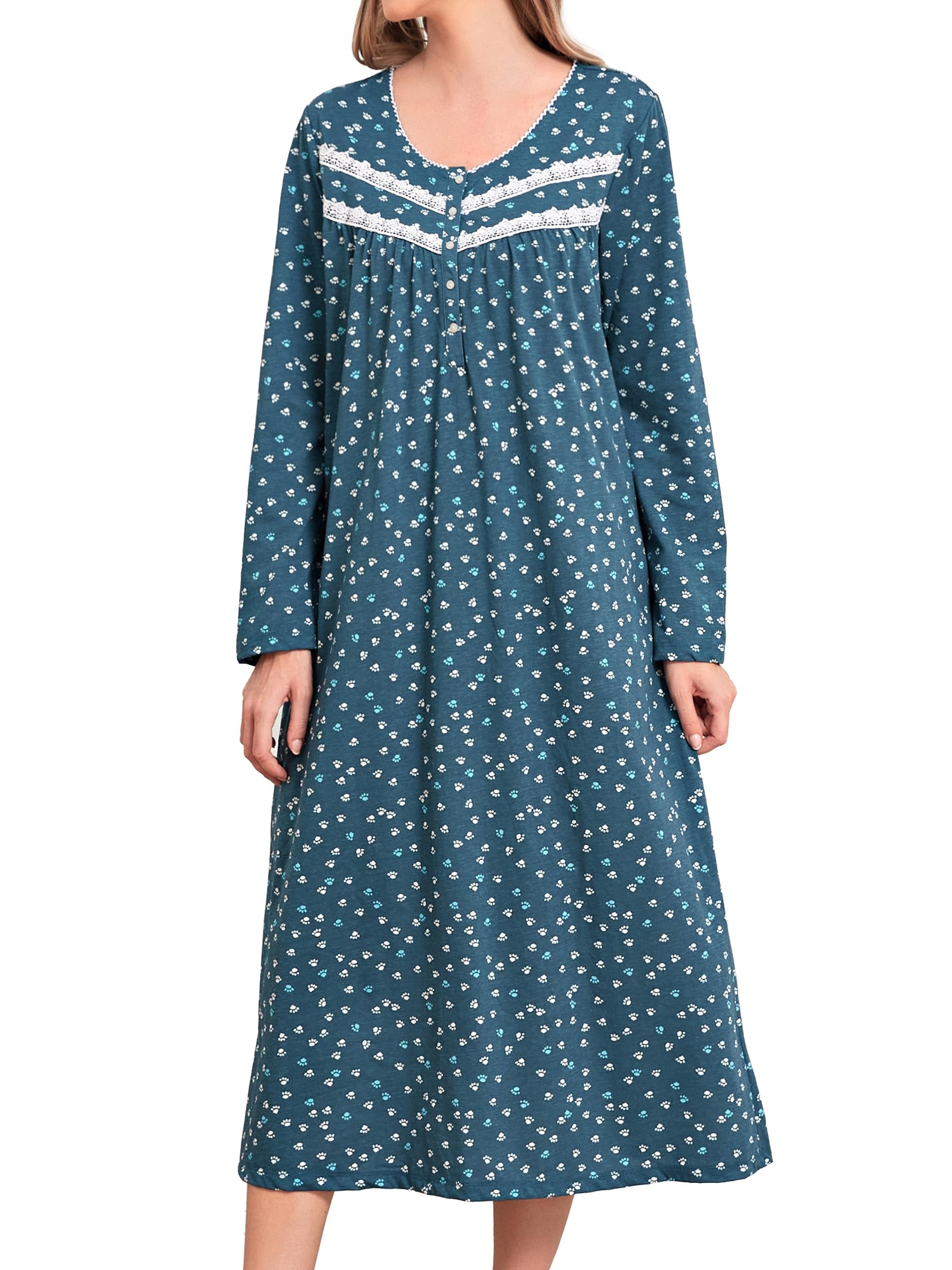 IZZY + TOBY Long Sleeve Cotton Nightgowns for Women Soft Ladies Cotton Nightgown Long Sleep Dress Nightdress Nighties