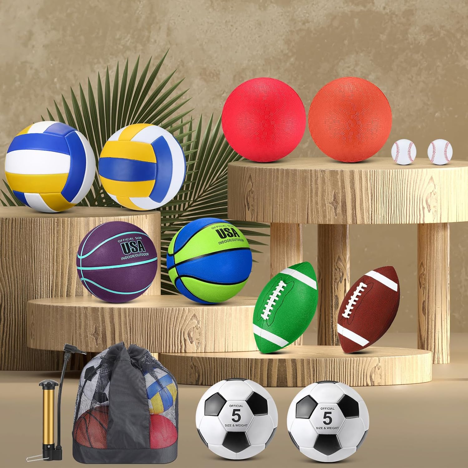 Leyndo 18 Pcs Sport Balls Bulk Set Basketball Football Volleyball Soccer Playground Baseball with Sport Equipment Bag Pump for Adults Gifts Outdoor Indoor
