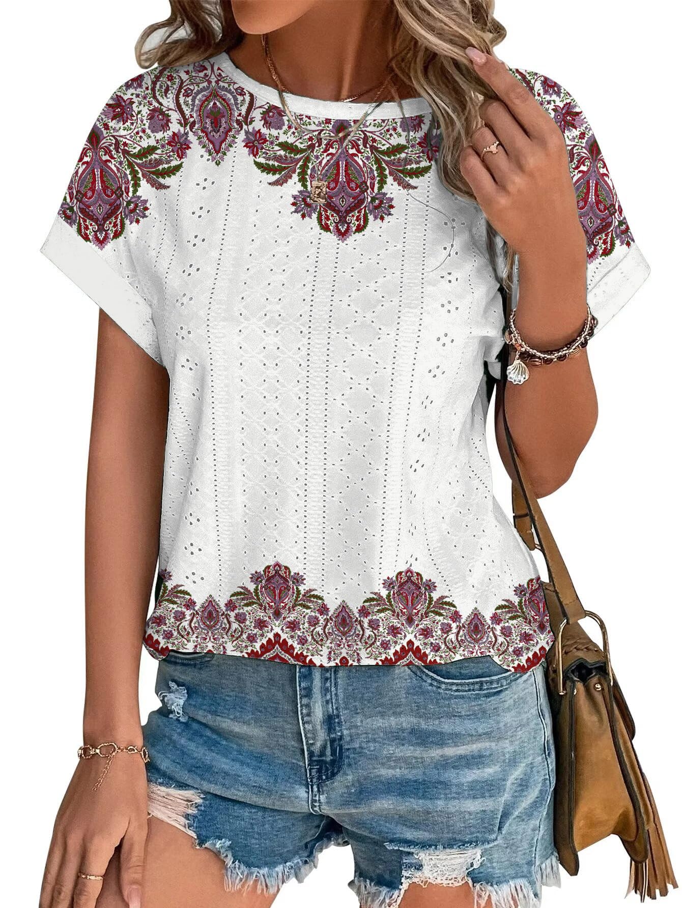 GUUKA Womens Tops Eyelet Embroidery Summer Spring Crewneck Curved Hem 2025 Casual Cap Short Sleeve Tunic Trendy T Shirts