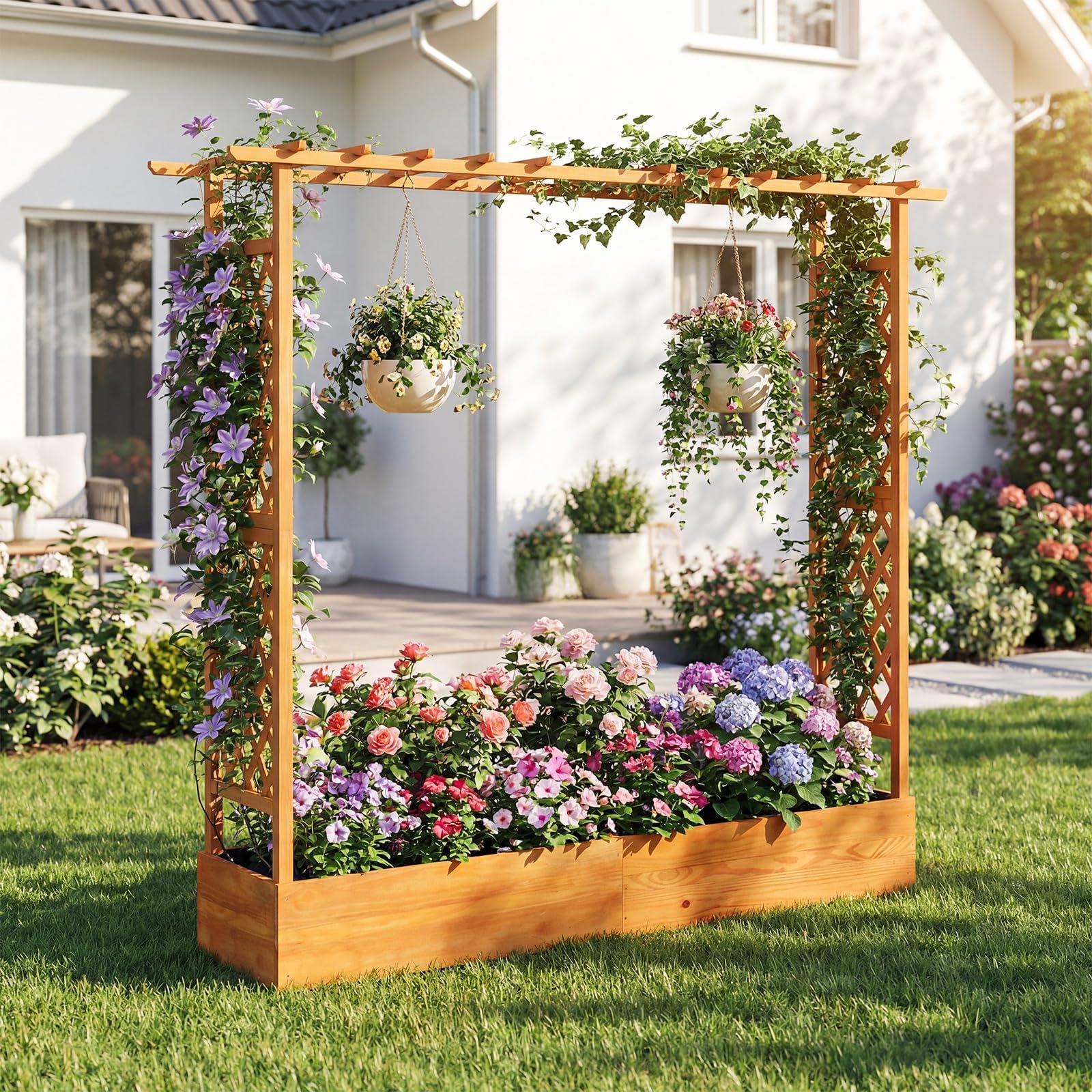 S AFSTAR 77-Inch Raised Garden Bed with Arch Trellis, Hanging Roof & Drainage Holes, Vertical Plant Container for Vine Climbing Plant Flower, Indoor Outdoor Wood Elevated Planter Box for Garden