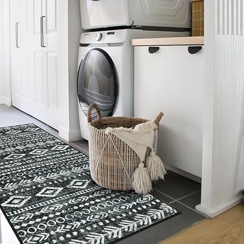 Miniatura 4 de Lahome Alfombra lavable para pasillos antideslizantes, estilo bohemio, marroquí, color negro y blanco, 2 x 5 pies, con parte trasera de goma,