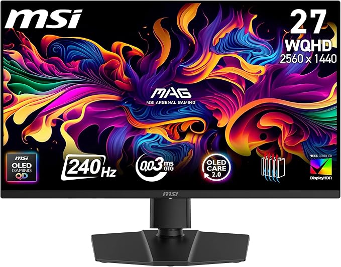MSI MAG 273QP QD-OLED X24 écran Gaming 26,5" WQHD - Dalle Quantum Dot OLED 2560 x 1440, 240Hz / 0,03ms, 99.1% DCI-P3, ΔE≤2, DisplayHDR True Black 400 - DP 1.4a, HDMI 2.1