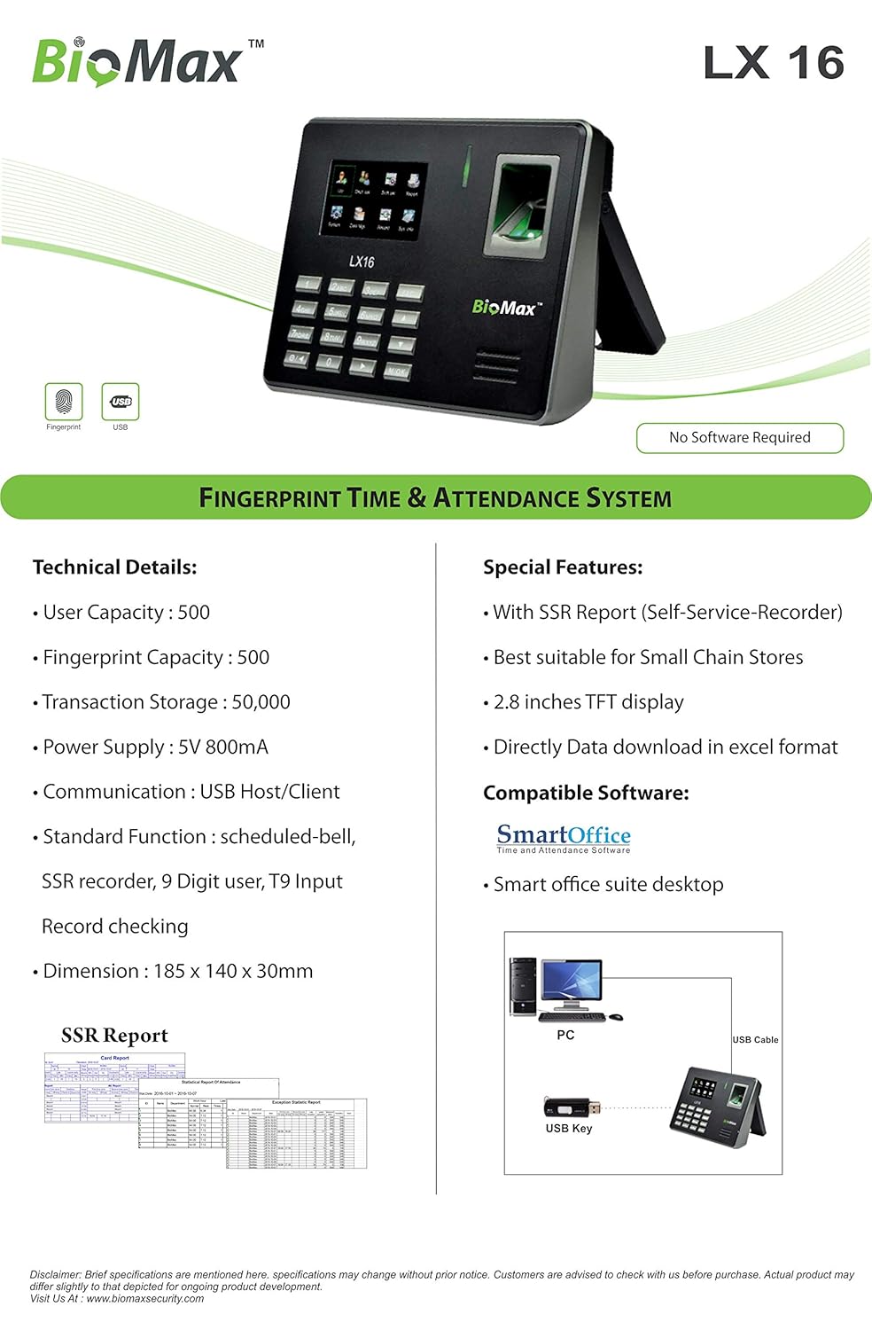 BioMax LX-16 Fingerprint Biometric Time and Attendance Machine