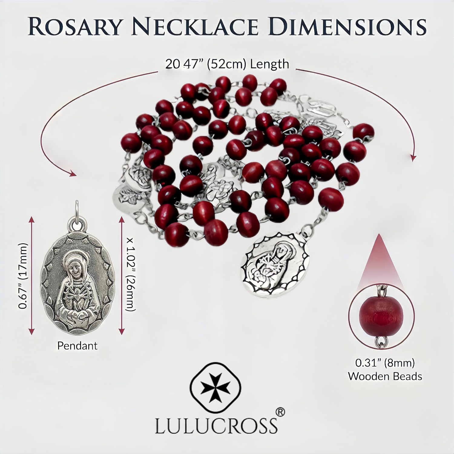 Seven Sorrows of Mary Rosary Chaplet Rose Scented 7 * 8mm Wooden Beads Catholic Jewelry Necklace for Pray (Red)
