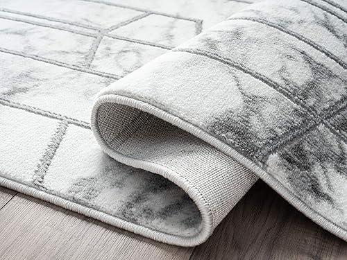 Miniatura 3 de Abani Alfombras geométricas lineales de 4 x 6 pies, alfombra moderna de líneas abstractas de mármol blanco y plateado que no desprende pelusa