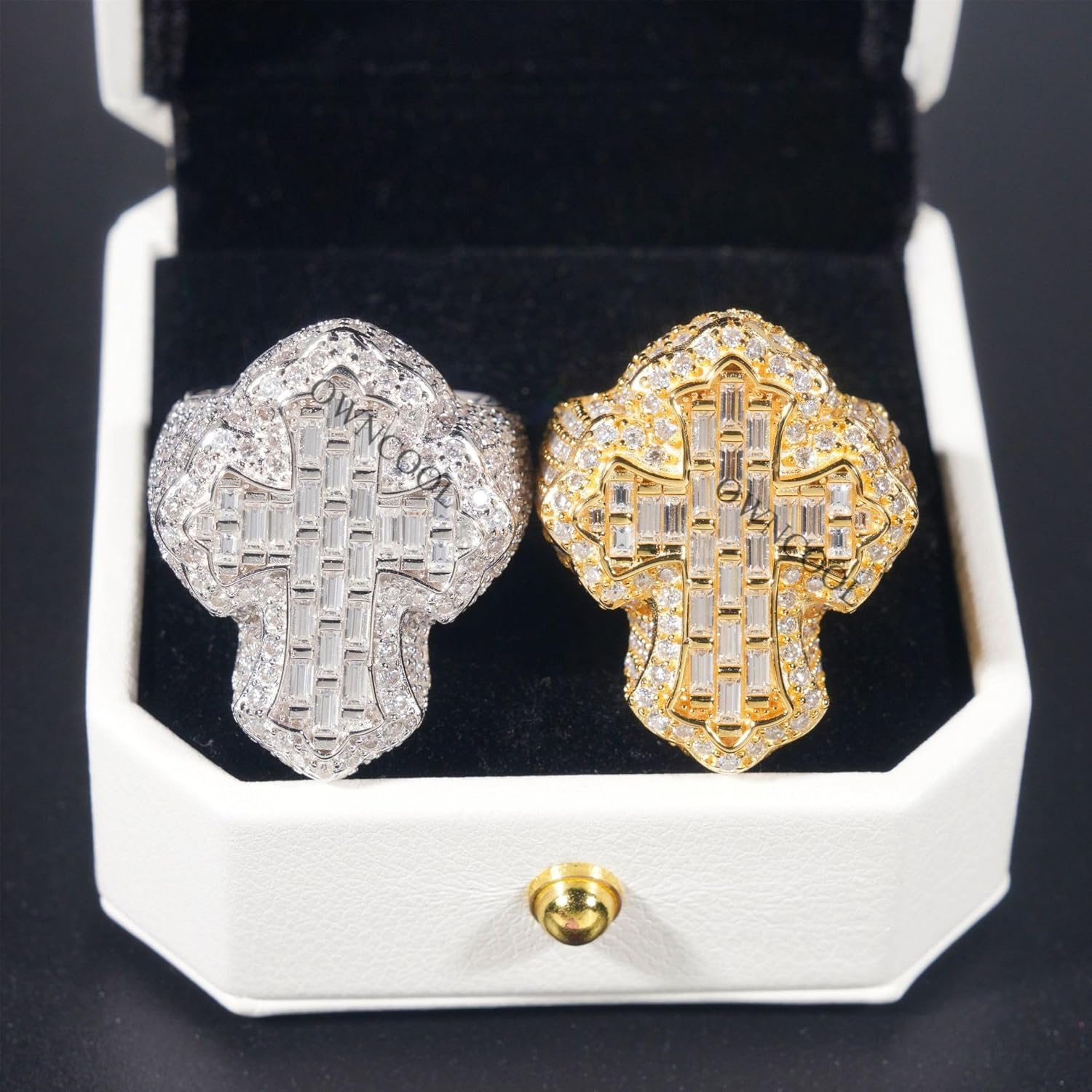 Iced Out Diamond Baguette Cross Pinky Ring Cubic Zirconia Punky Hip Hop Rapper Style Band Ring Jewelry Gift for Men Women